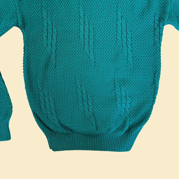 1980s Jantzen sweater, size L teal blue knit vintage 70s sweater w/ crew neck - Picture 7 of 8